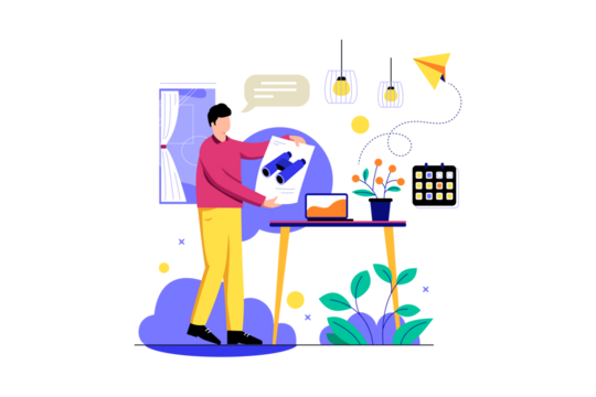 Man in Pink Shirt Holding a Vision Poster in a Brightly Lit Office with a Laptop on a Desk and Paper Airplane Illustration with Transparent Background