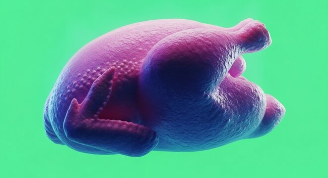Vibrant, surreal 3D render of a raw chicken, perfect for Thanksgiving promo, creative food concepts, or quirky culinary art. Great for unique holiday ads.