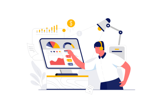 Man in Headset Analyzing Financial Data on Computer with Graphs Charts and Indicators in Bright Lit Workspace with Transparent Background