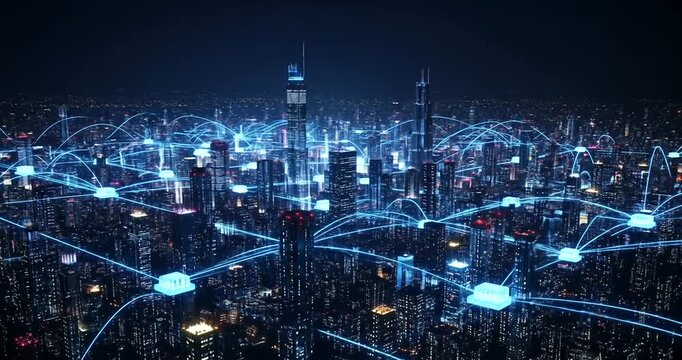 Futuristic city skyline at night with digital network connections illuminating the scene - Powered by Adobe
