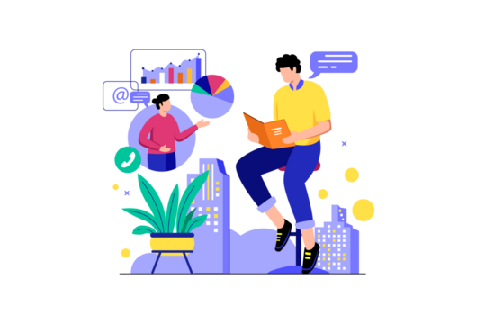 Man in Yellow Shirt Examining Business Report with Cityscape Background and Statistical Charts in a Flat Vector Illustration on Transparent Backdrop