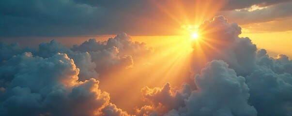 Golden Sunbeams Illuminate Serene Landscape Breathtaking Cumulus Clouds, Dramatic Light and Shadow, Perfect for Travel and Nature Photography