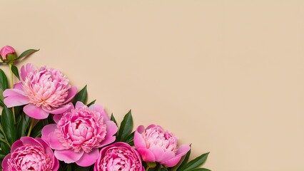 Pink rose border on beige pastel background