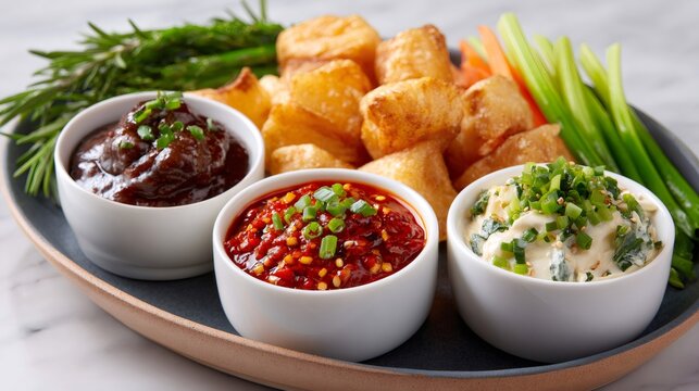 Appetizer platter serving dipping sauces with fried potatoes and vegetables