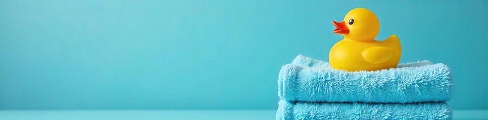 Yellow Rubber Duck on Blue Bath Towels Relaxing Bath Time Scene, Hygiene and Wellness
