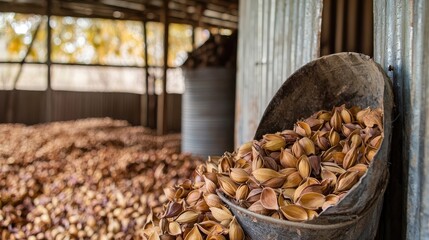 A metal bucket filled with dried, brownish seeds in a barn setting.
