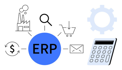 Central ERP concept with interconnected elements industry, magnifying glass, shopping cart, email, calculations, money flow, gear. Ideal for business, technology efficiency process management