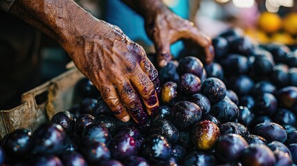 A person's hands are covered in purple plum juice as they sort through a pile of plums at a market.