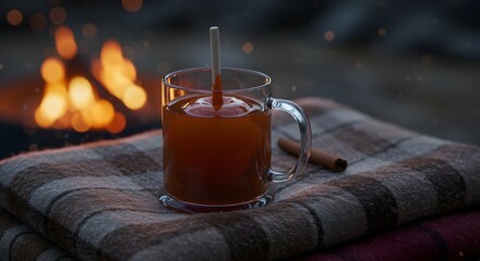 Warm beverage in glass mug with straw and cinnamon stick cozy scene