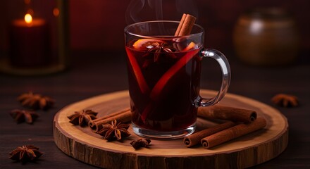 Warm beverage in glass with cinnamon sticks and star anise on wooden surface