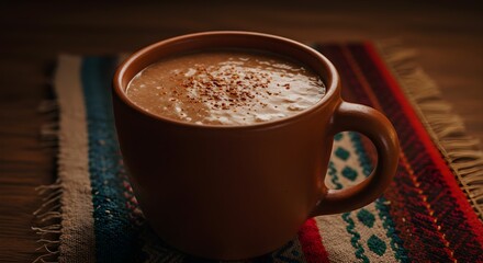 Warm beverage in mug on a colorful surface overhead shot close up