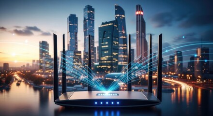 A modern, sleek, black and silver Wi-Fi router with multiple antennas, placed on a reflective surface with a city skyline in the background.