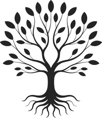 Black silhouette of a tree with prominent roots on a white background branches