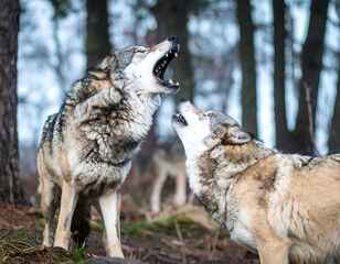 Two wolves in a forest, mouths agape © Banyu
