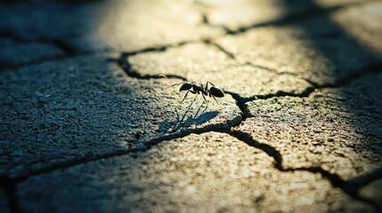 A black ant walking on a cracked, sunlit concrete surface.