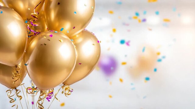 Golden Balloons in Celebration: An enchanting cluster of gleaming golden balloons floats gracefully, mingling with a cascade of colorful confetti, conjuring a sense of celebration, joy, and festivity.