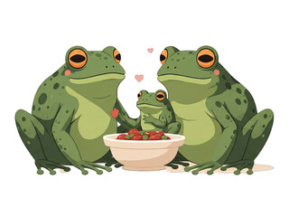 frog family, with two adult green frogs and a small baby frog sharing a bowl of red berries, surrounded by floating pink hearts.