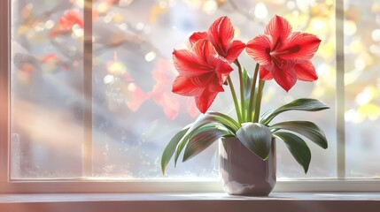 Two red amaryllis flowers in a vase on a windowsill with a blurred background of autumn leaves.