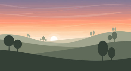 Serene Landscape Illustration Depicting Rolling Hills, Trees, and a Pastel Sunset, Ideal for Website Backgrounds, Book Covers, or Inspirational Wall Art.