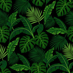 Seamless tropical jungle leaves pattern with a high-contrast dark green on black background.