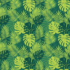 Seamless tropical leaves pattern, flat design style, monstera and palm leaves with bold green tones, clean vector illustration.