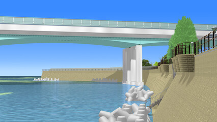 CG画像,3D,アニメーションの背景,背景画,海岸,青い海,空,道,自然,風景,景色,木,日本,屋外,晴れ,日本晴れ,緑,木,海原,夏の思い出,広い,高速道路,公園,浜辺,海水浴,まぶしい,青空,雲一つない,テトラポット,陽射し,遠浅,立体交差,広大な,