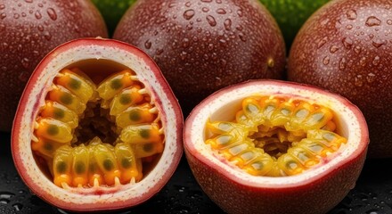 A close-up of a passion fruit with a slice removed, revealing its vibrant interior with yellow seeds and a red exterior.