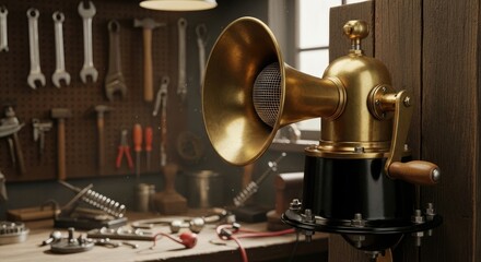 A vintage brass speaker with a wooden handle, emitting a loud sound in a workshop setting.