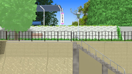 CG画像,3D,アニメーションの背景,背景画,海岸,青い海,空,道,自然,風景,景色,木,日本,屋外,晴れ,日本晴れ,緑,木,海原,夏の思い出,広い,高速道路,公園,浜辺,海水浴,まぶしい,青空,雲一つない,テトラポット,陽射し,遠浅,立体交差,広大な,
