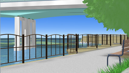 CG画像,3D,アニメーションの背景,背景画,海岸,青い海,空,道,自然,風景,景色,木,日本,屋外,晴れ,日本晴れ,緑,木,海原,夏の思い出,広い,高速道路,公園,浜辺,海水浴,まぶしい,青空,雲一つない,テトラポット,陽射し,遠浅,立体交差,広大な,