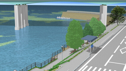 CG画像,3D,アニメーションの背景,背景画,海岸,青い海,空,道,自然,風景,景色,木,日本,屋外,晴れ,日本晴れ,緑,木,海原,夏の思い出,広い,高速道路,公園,浜辺,海水浴,まぶしい,青空,雲一つない,テトラポット,陽射し,遠浅,立体交差,広大な,