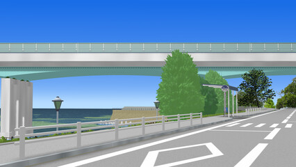 CG画像,3D,アニメーションの背景,背景画,海岸,青い海,空,道,自然,風景,景色,木,日本,屋外,晴れ,日本晴れ,緑,木,海原,夏の思い出,広い,高速道路,公園,浜辺,海水浴,まぶしい,青空,雲一つない,テトラポット,陽射し,遠浅,立体交差,広大な,