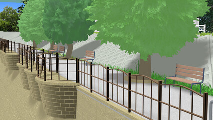 CG画像,3D,アニメーションの背景,背景画,海岸,青い海,空,道,自然,風景,景色,木,日本,屋外,晴れ,日本晴れ,緑,木,海原,夏の思い出,広い,高速道路,公園,浜辺,海水浴,まぶしい,青空,雲一つない,テトラポット,陽射し,遠浅,立体交差,広大な,