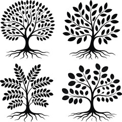 Four Stylized Black Silhouette Trees with Detailed Root Systems Keywords: tree, silhouette, black