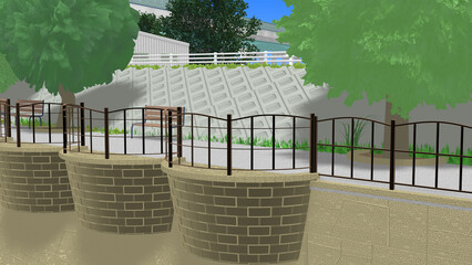 CG画像,3D,アニメーションの背景,背景画,海岸,青い海,空,道,自然,風景,景色,木,日本,屋外,晴れ,日本晴れ,緑,木,海原,夏の思い出,広い,高速道路,公園,浜辺,海水浴,まぶしい,青空,雲一つない,テトラポット,陽射し,遠浅,立体交差,広大な,
