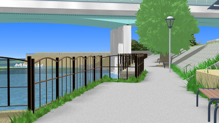 CG画像,3D,アニメーションの背景,背景画,海岸,青い海,空,道,自然,風景,景色,木,日本,屋外,晴れ,日本晴れ,緑,木,海原,夏の思い出,広い,高速道路,公園,浜辺,海水浴,まぶしい,青空,雲一つない,テトラポット,陽射し,遠浅,立体交差,広大な,