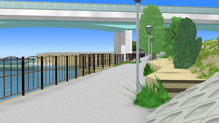 CG画像,3D,アニメーションの背景,背景画,海岸,青い海,空,道,自然,風景,景色,木,日本,屋外,晴れ,日本晴れ,緑,木,海原,夏の思い出,広い,高速道路,公園,浜辺,海水浴,まぶしい,青空,雲一つない,テトラポット,陽射し,遠浅,立体交差,広大な,