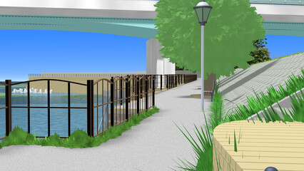 CG画像,3D,アニメーションの背景,背景画,海岸,青い海,空,道,自然,風景,景色,木,日本,屋外,晴れ,日本晴れ,緑,木,海原,夏の思い出,広い,高速道路,公園,浜辺,海水浴,まぶしい,青空,雲一つない,テトラポット,陽射し,遠浅,立体交差,広大な,