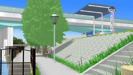 CG画像,3D,アニメーションの背景,背景画,海岸,青い海,空,道,自然,風景,景色,木,日本,屋外,晴れ,日本晴れ,緑,木,海原,夏の思い出,広い,高速道路,公園,浜辺,海水浴,まぶしい,青空,雲一つない,テトラポット,陽射し,遠浅,立体交差,広大な,