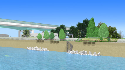 CG画像,3D,アニメーションの背景,背景画,海岸,青い海,空,道,自然,風景,景色,木,日本,屋外,晴れ,日本晴れ,緑,木,海原,夏の思い出,広い,高速道路,公園,浜辺,海水浴,まぶしい,青空,雲一つない,テトラポット,陽射し,遠浅,立体交差,広大な,