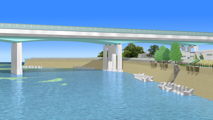 CG画像,3D,アニメーションの背景,背景画,海岸,青い海,空,道,自然,風景,景色,木,日本,屋外,晴れ,日本晴れ,緑,木,海原,夏の思い出,広い,高速道路,公園,浜辺,海水浴,まぶしい,青空,雲一つない,テトラポット,陽射し,遠浅,立体交差,広大な,