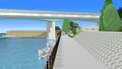 CG画像,3D,アニメーションの背景,背景画,海岸,青い海,空,道,自然,風景,景色,木,日本,屋外,晴れ,日本晴れ,緑,木,海原,夏の思い出,広い,高速道路,公園,浜辺,海水浴,まぶしい,青空,雲一つない,テトラポット,陽射し,遠浅,立体交差,広大な,