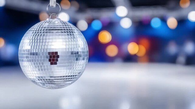 Shimmering Disco Ball: A close-up view of a classic disco ball, reflecting a kaleidoscope of light, hangs gracefully above an empty dance floor, ready for a night of music and celebration. 