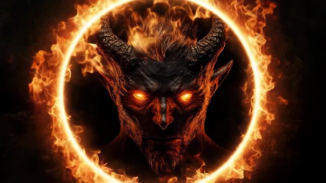 Fiery devil head in burning circle