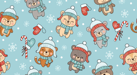 Seamless winter holiday pattern featuring cute cartoon bears and monkeys with candy canes and snowflakes. Adorable Christmas vector illustration for kids