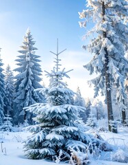 Winter wonderland scene of frosted evergreen trees
