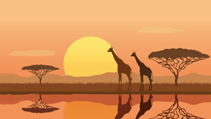 Golden Horizon African Wildlife Silhouette at Sunset