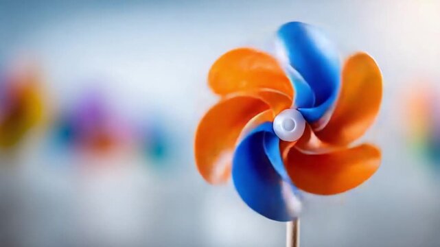 Colorful Pinwheel Delight: A close-up shot of a vibrant pinwheel, its orange and blue blades gracefully spinning in the gentle breeze, evoking a sense of childhood nostalgia and carefree joy.