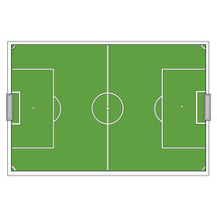 Creative design vector art of top view of a green soccer field with white markings and goalposts