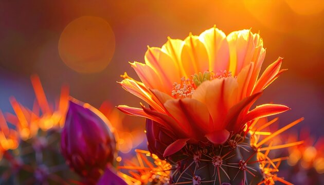 Vibrant orange and red cactus flower blooms brightly in the sunlight, surrounded by a blurred, warm bokeh background, creating a beautiful floral  showing delicate petals and the prickly texture of...